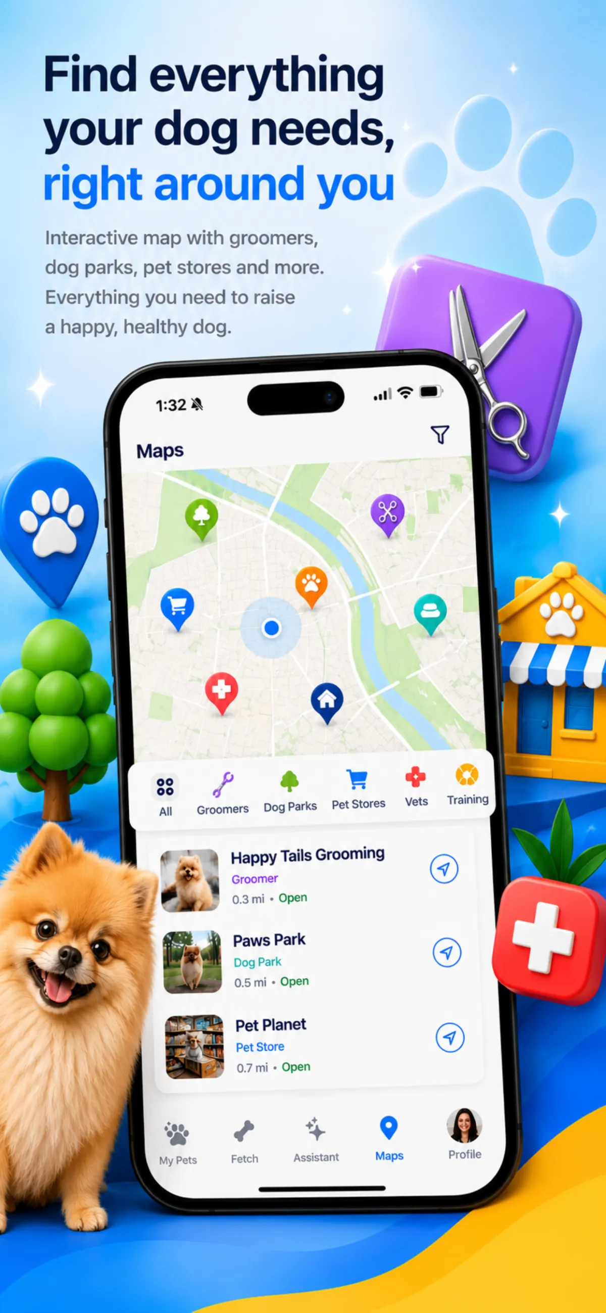 id4.pet interactive map with groomers, dog parks, vets and pet stores nearby