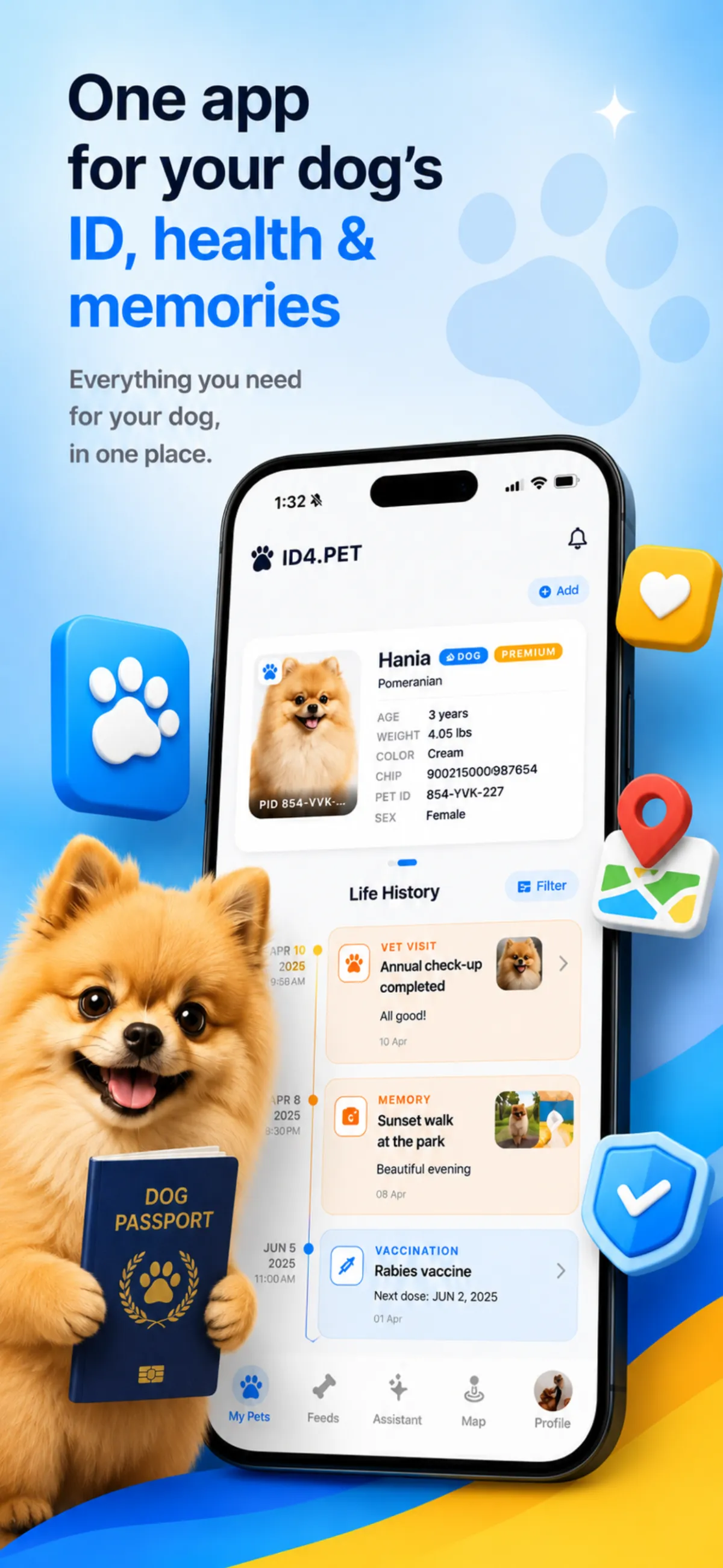 id4.pet app — pet profile with ID, microchip, vaccinations and life timeline for Hania the Pomeranian