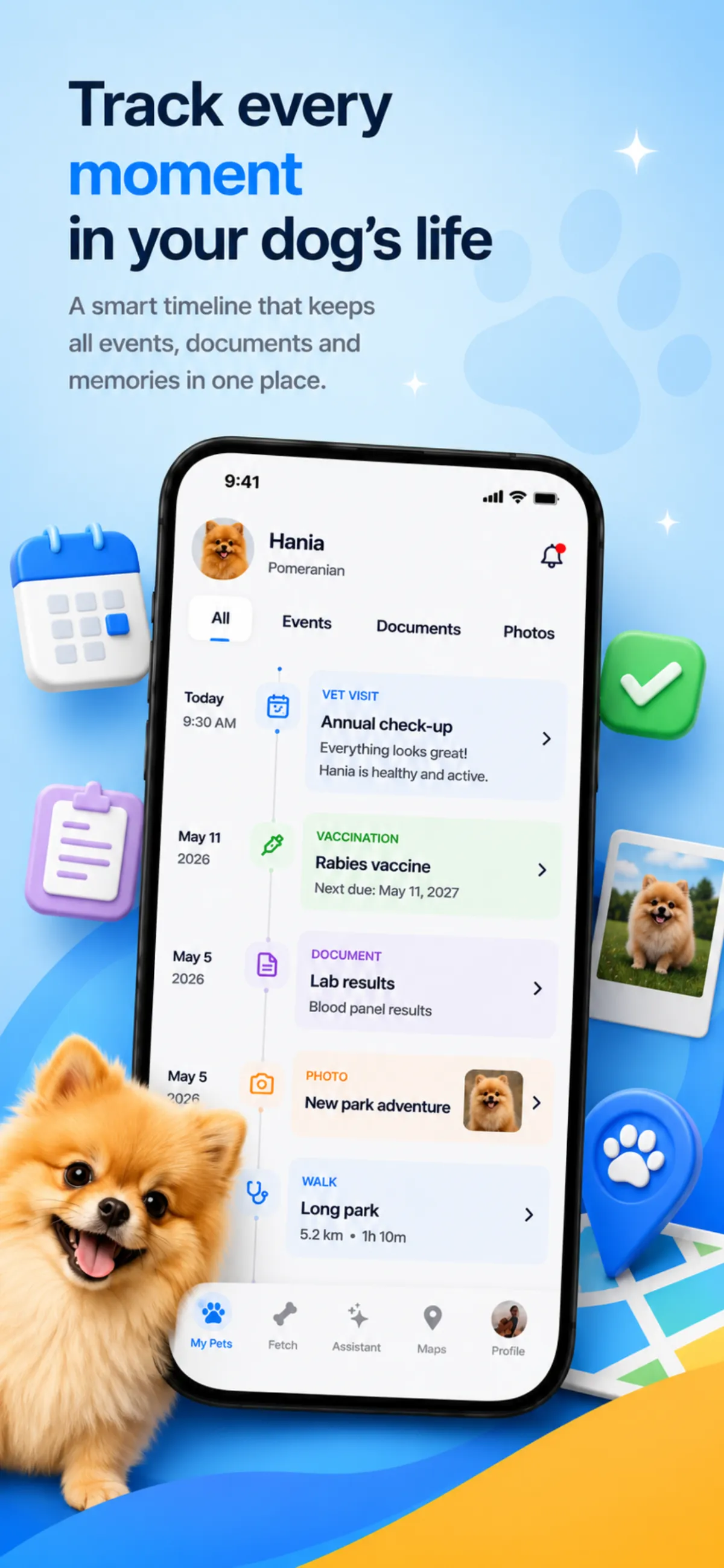 id4.pet timeline showing events, documents and photos from Hania the Pomeranian