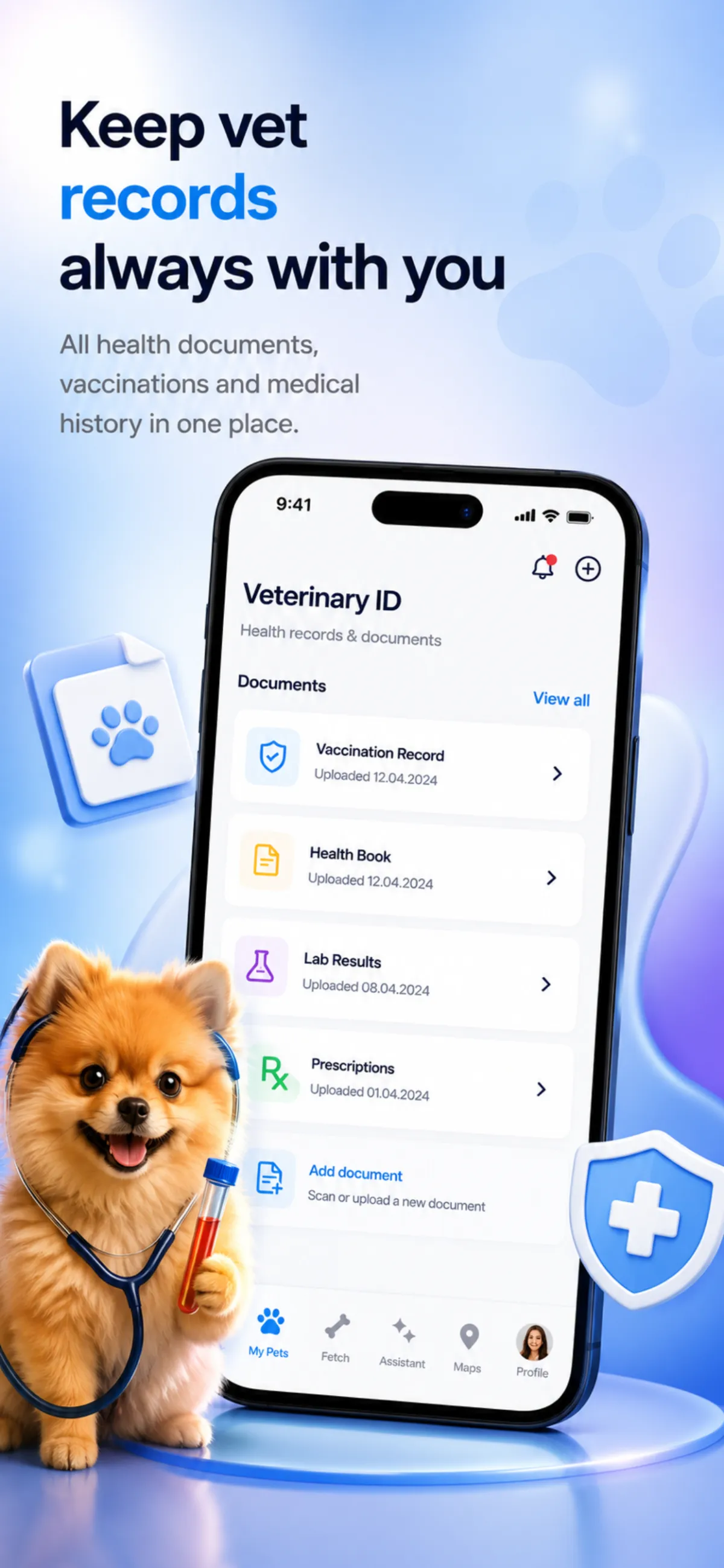 id4.pet veterinary records screen with vaccination, health book, lab results and prescriptions
