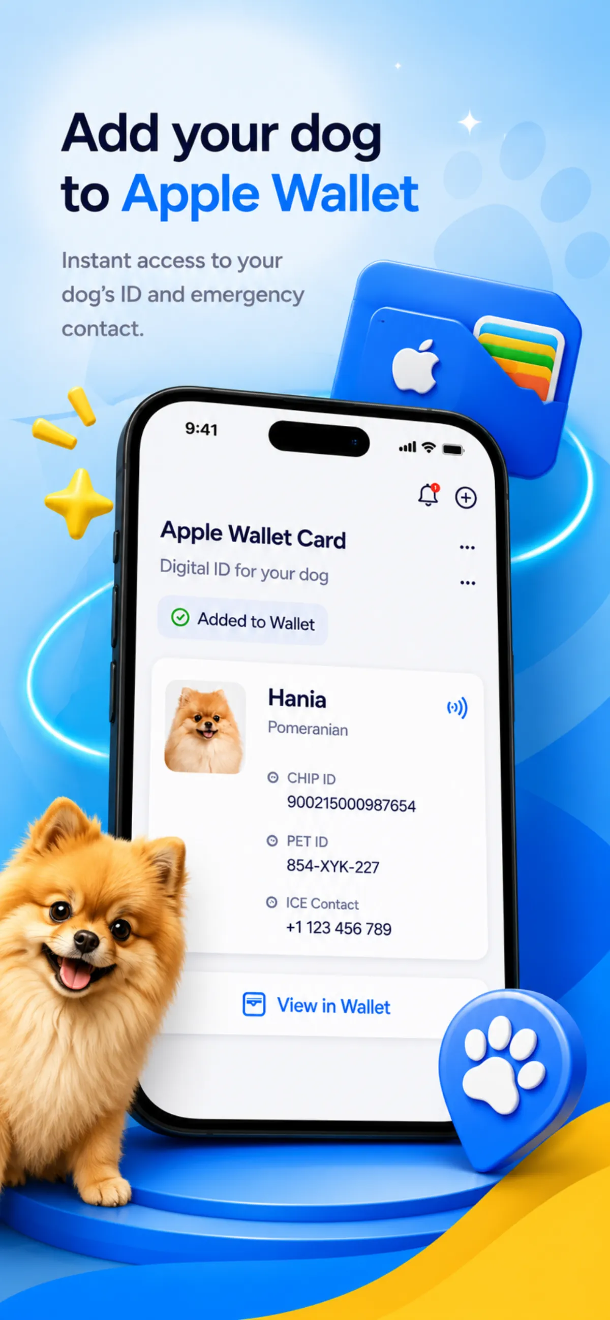 id4.pet Apple Wallet pass with digital pet ID, microchip ID and emergency contact